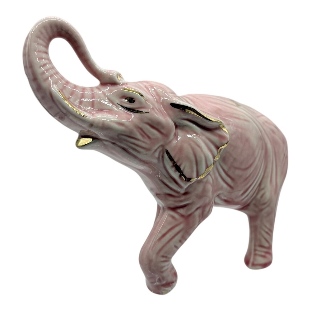 Pink Elephant Figurine Gold Accents Trunk Up Good Luck Souvenir Vintage Statue